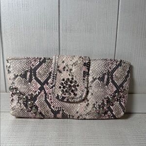 Kurtmen Design Snakeskin Clutch with Pink Stones and Silver Studded Design